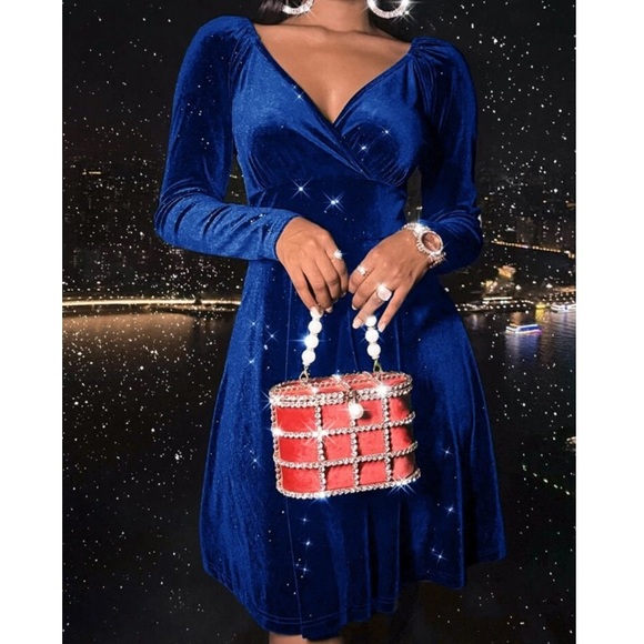 Burgundy velvet  surplice neckline long sleeve A line mini dress - Picture 5 of 15